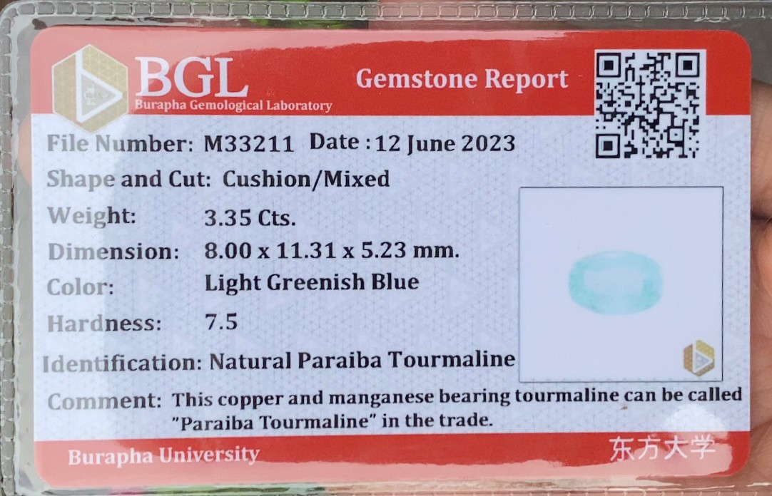 พลอย พาไรบ้า ทัวร์มาลีน Paraiba Tourmaline 3.35 กะรัต (Cts.) พร้อมใบเซอร์ พลอยแท้อัญมณีมงคล ประจําวันเกิด เครื่องประดับพลอย
