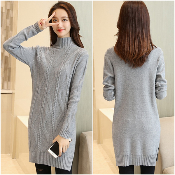 เดรสคอเต่ากันหนาว ไหมพรมวูลหนานุ่มถักลาย (12067B)