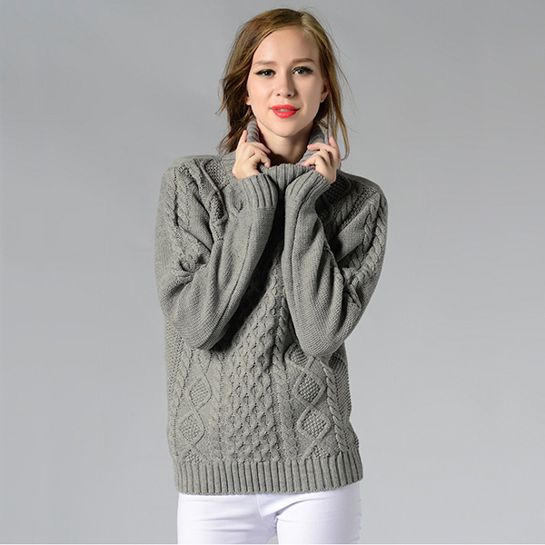 เสื้อสเวตเตอร์คอพับ ไหมพรมหนานุ่มถักลายนูน (12279B)