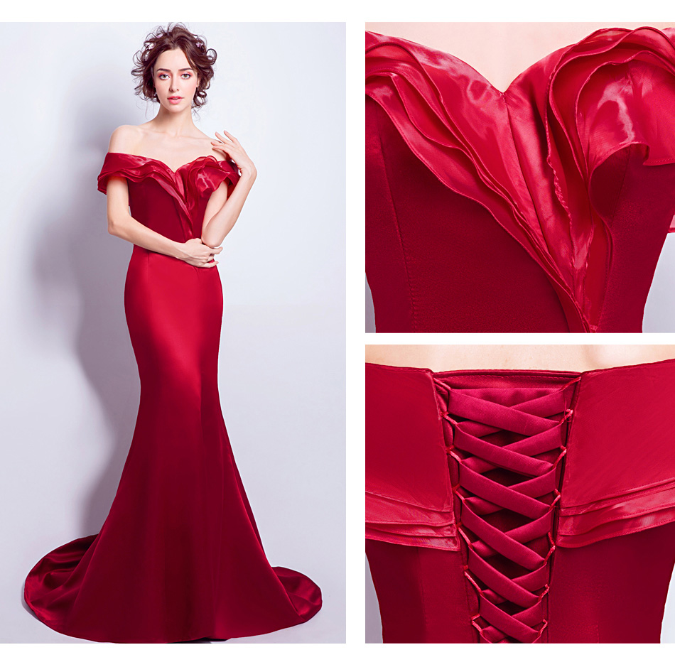 Pre-order ชุดแฟนซี ชุดเจ้าสาว ชุดราตรียาว สีไวน์แดง ไหล่ปาด จับเดรปช่วงอก กระโปรงทรงหางปลา เชือกผูกหลัง
