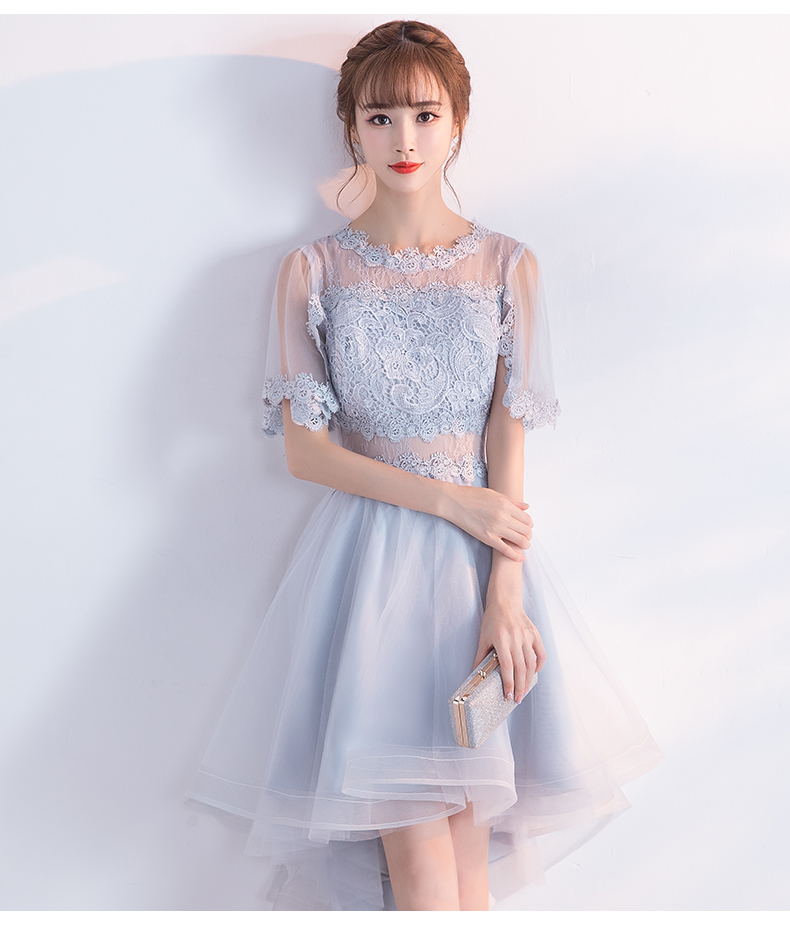 ชุดราตรีหน้าสั้นหลังยาวสีทองปักเลื่อมลายดอกไม้ ไหล่ปาดแขนยาว เชือกผูกหลัง สำเนา