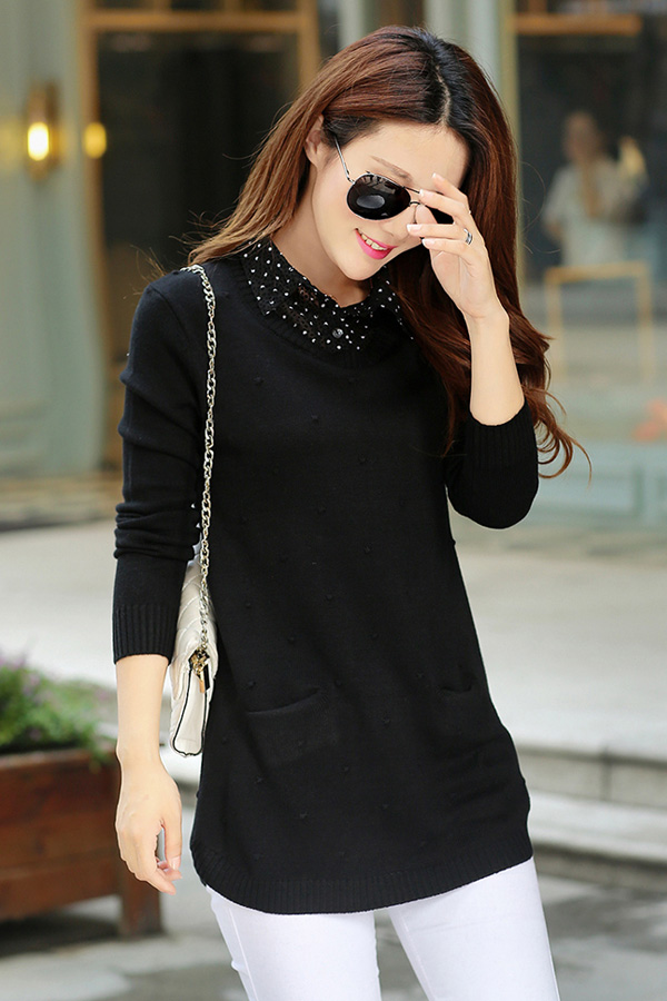 เสื้อสเวตเตอร์ไหมพรม คอปกเชิ้ตลายจุด แต่งกระเป๋าคู่ (12217B)