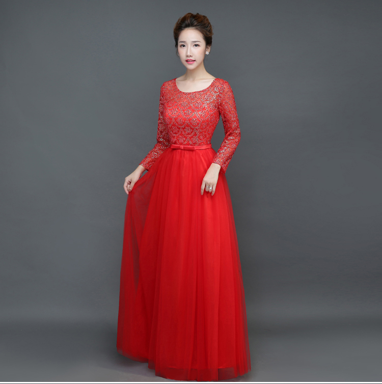 Pre-order ชุดราตรียาว แขนยาว คอกลม ช่วงบนผ้าโปร่ง แต่งกากเพชร แต่งโบว์คาดเอว ซิปหลัง ไซส์ใหญ่ XS-4XL