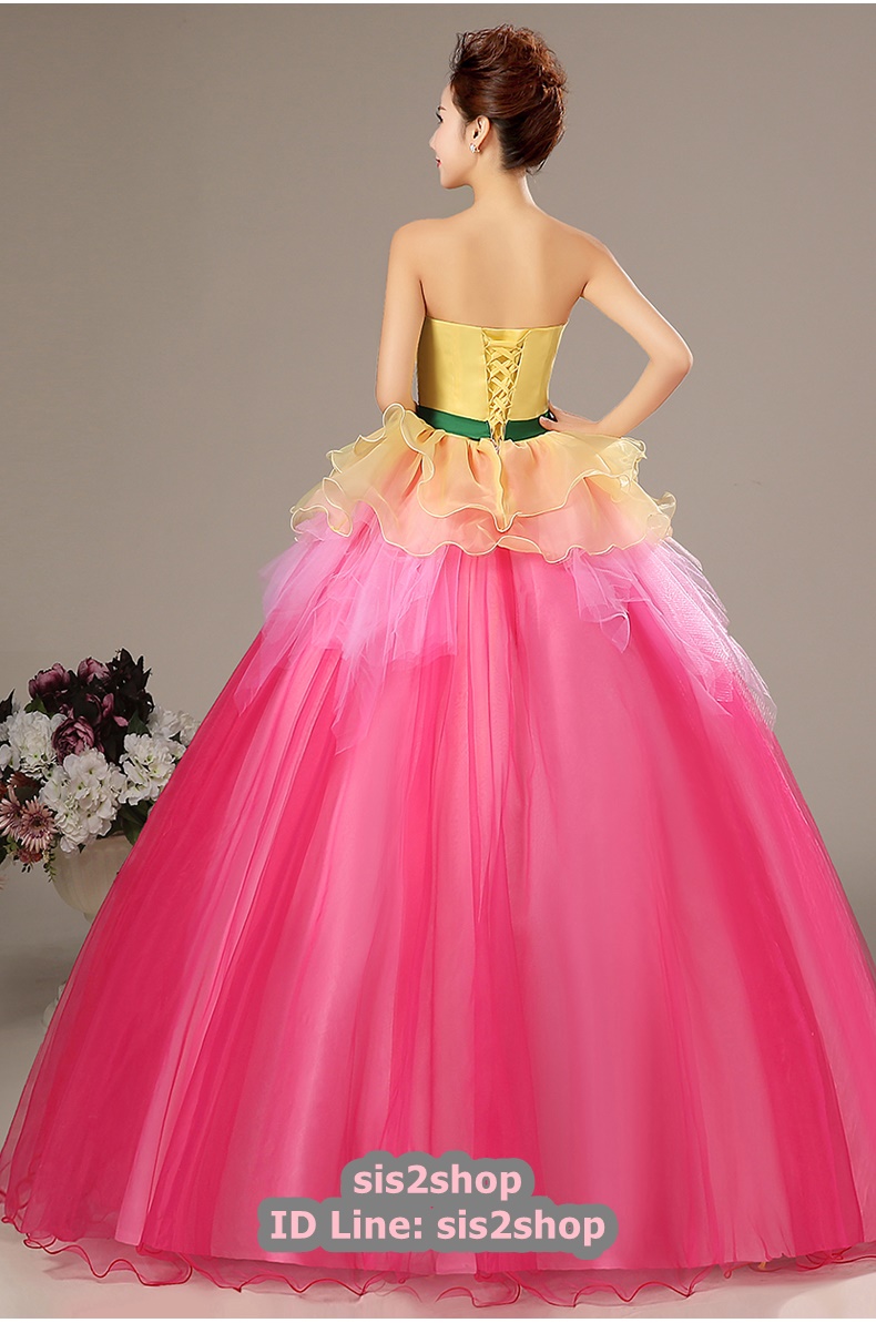 พร้อมเช่า ชุดแฟนซี ชุดราตรียาว แบบเกาะอก กรโปรงผ้าแก้ว สีเหลือง+ชมพู อกแต่งลูกปัดหรู โบว์คาดเอวสีเขียว