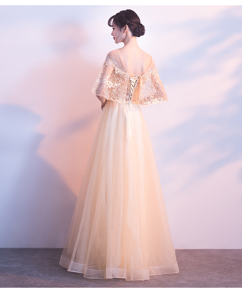 ชุดราตรียาวแขนระบายแต่งด้วยผ้าลูกไม้ปักมุกกระโปรงตาข่ายสวยหรู (เชือกผูกหลัง)