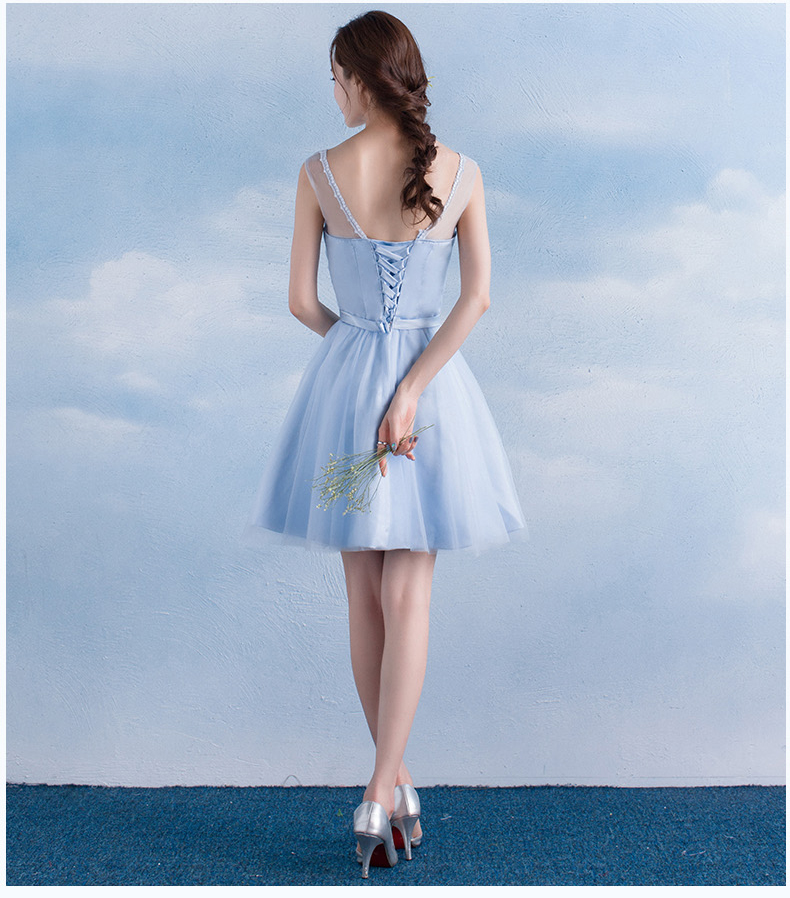 Pre-order ชุดราตรีสั้น เพื่อนเจ้าสาว กระโปรงตาข่าย มีหลายแบบ สีฟ้า (เชือกผูกหลัง)