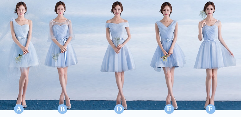 Pre-order ชุดราตรีสั้น เพื่อนเจ้าสาว กระโปรงตาข่าย มีหลายแบบ สีฟ้า (เชือกผูกหลัง)