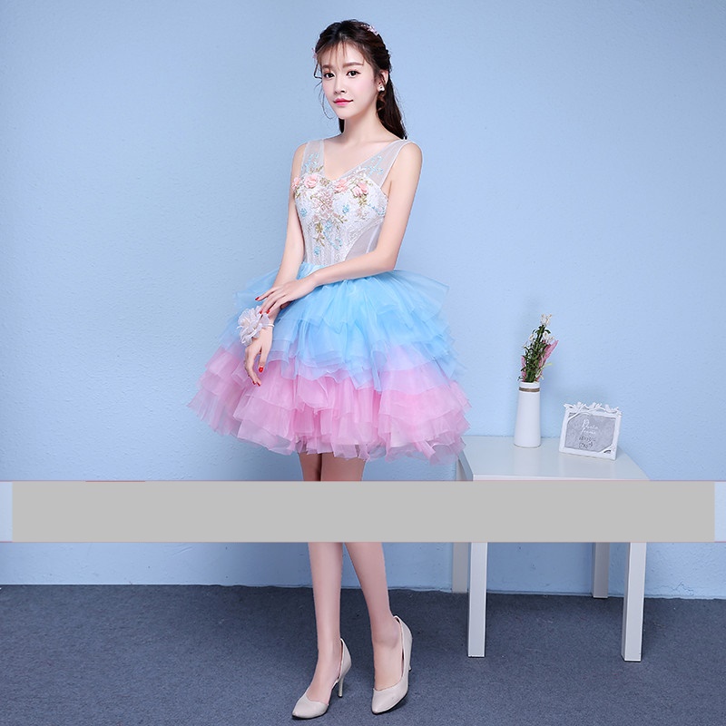 Pre-orderชุดแฟนซีชุดราตรีสั้นแขนกุดซีทรูและแต่งดอกไม้ช่วงอกกระโปรงพองสวย