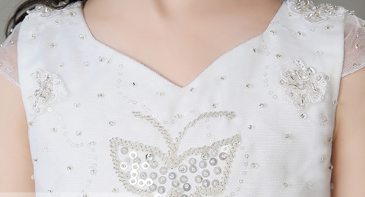 Pre-order ชุดราตรีเด็ก ชุดออกงาน ชุดกระโปรงสไตล์เจ้าหญิง แขนสั้น คอวี แต่งลูกไม้ กระโปรงผ้าแก้ว แต่งลูกไม้ชายกระโปรง ปล่อยชายด้านหลัง มีซิป