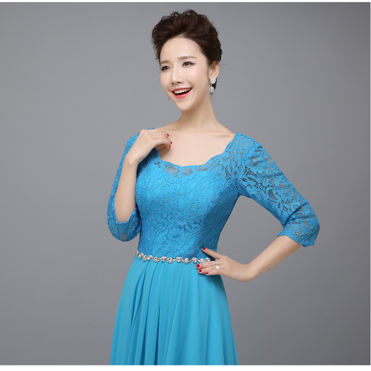 Pro-order ชุดราตรียาว แขนสามส่วน แต่งลูกไม้ช่วงบน (ลูกไม้เนื้อนิ่ม) ตัวกระโปรงเป็นผ้าชีฟอง ช่วงเอวแต่งเพชร สวยหรู ซิปหลัง ไซส์ใหญ่ XS-4XL