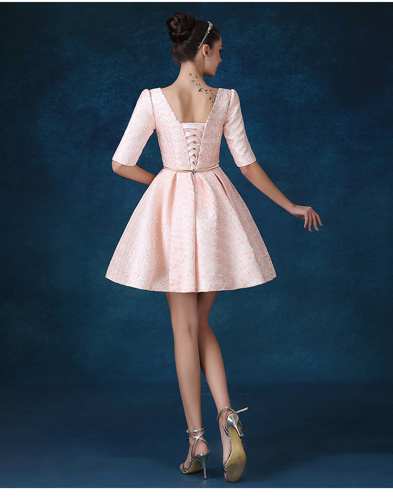 Pre-order ชุดราตรีสั้น ชุดเพื่อนเจ้าสาว สีชมพู สีแดง แขนกุด แต่งตัวชุดด้วยลูกไม้ ปักเลื่อม สวยหวาน เชือกผูกหลัง