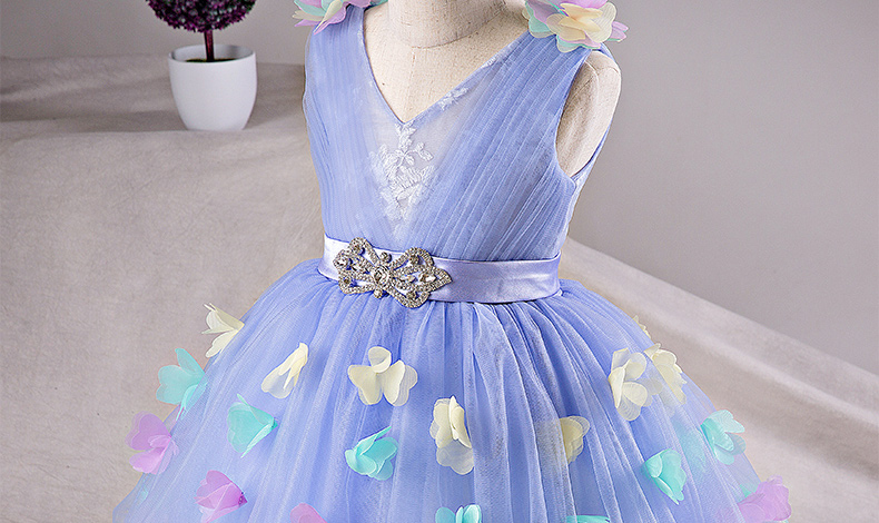 Pre-order ชุดราตรีเด็ก ชุดออกงาน ชุดกระโปรง สไตล์เจ้าหญิง แขนกุด ผ้าตาข่าย แต่งเพชรคาดเอว แต่งดอกไม้ เชือกผูกหลัง สำเนา