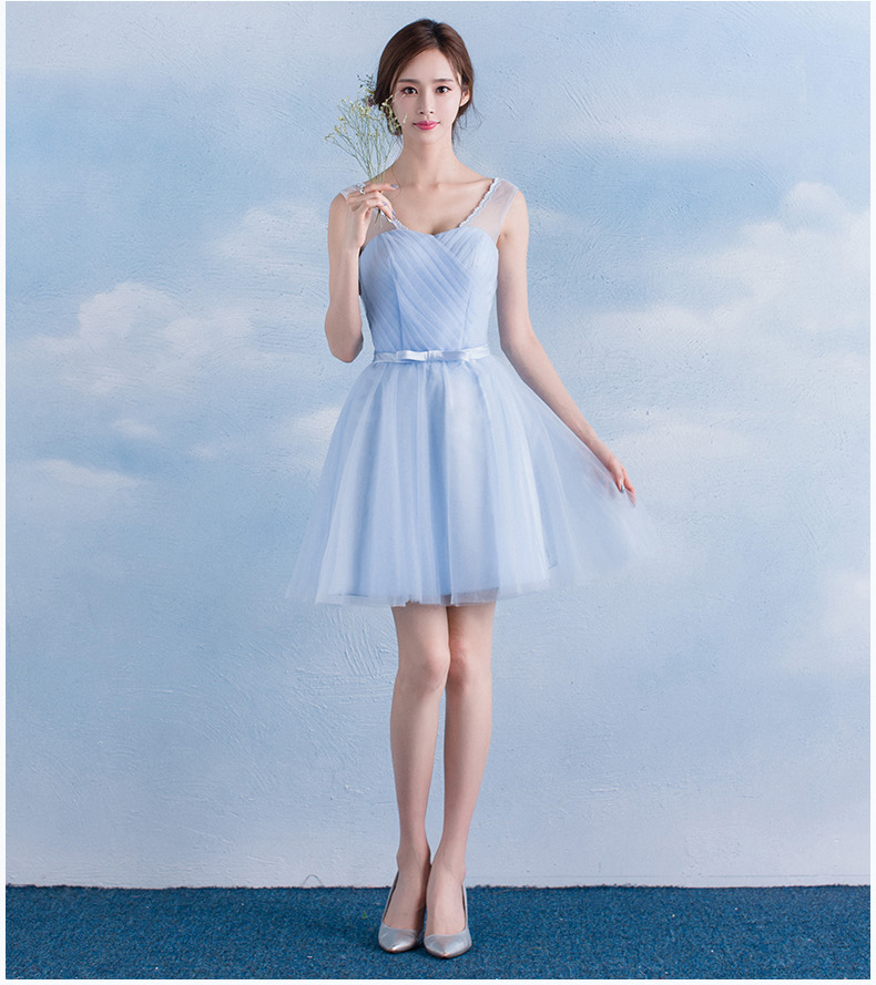 Pre-order ชุดราตรีสั้น เพื่อนเจ้าสาว กระโปรงตาข่าย มีหลายแบบ สีฟ้า (เชือกผูกหลัง)