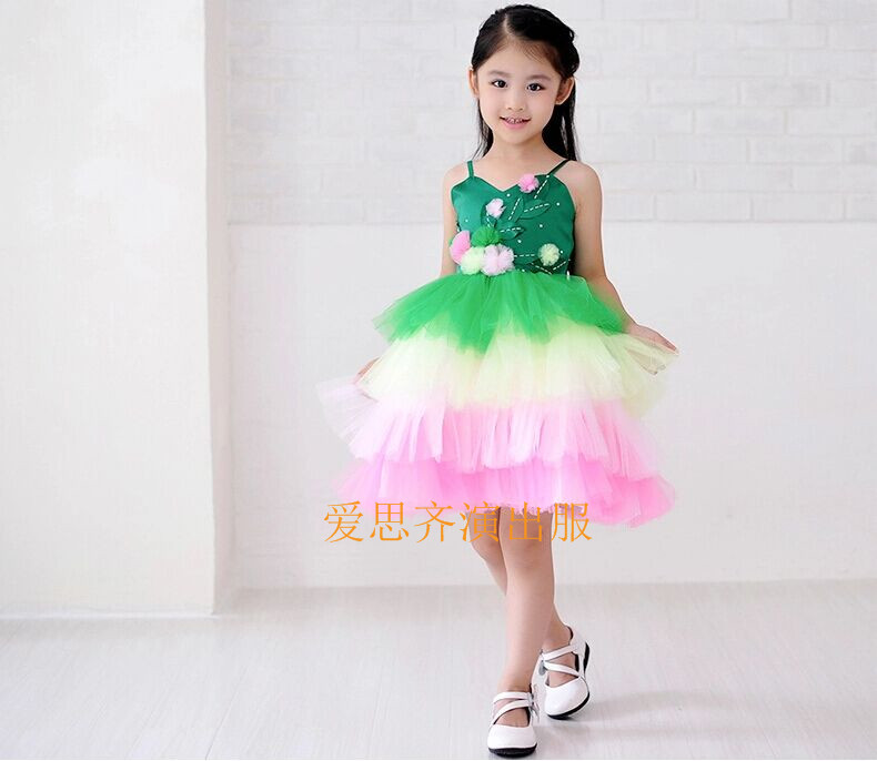 Pre-order ชุดแฟนซี ชุดแสดง ชุดกระโปรง เกาะอกสายเดี่ยว แต่งใบไม้ ดอกไม้ ช่วงอก กระโปรงตาข่ายหลากสีเป็นชั้น ๆ