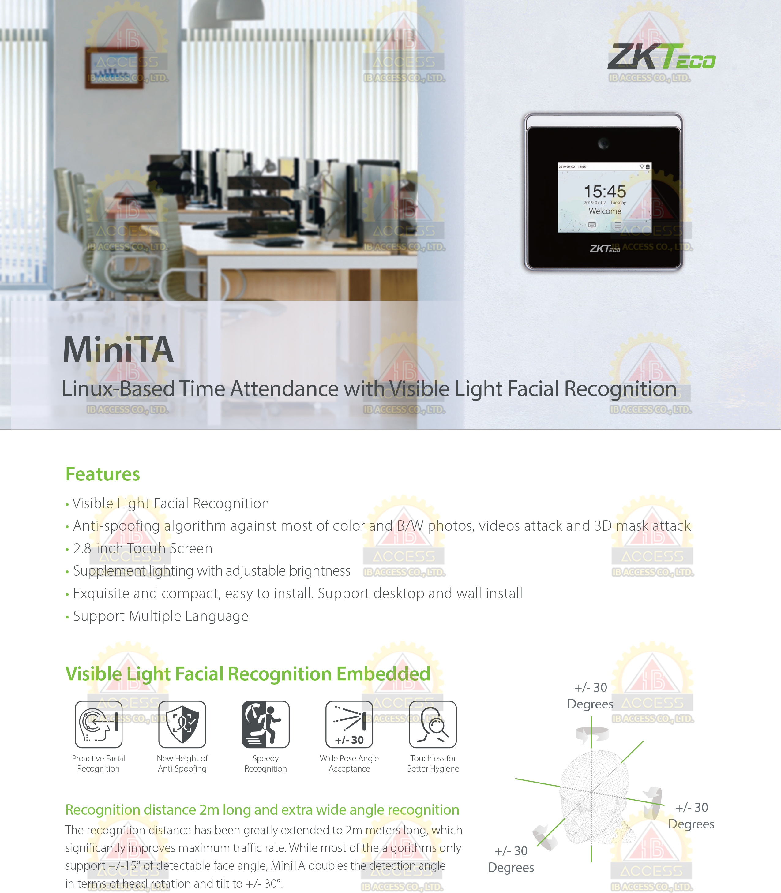 เครื่องสแกนใบหน้า ยี่ห้อ ZKTeco รุ่น MiniTA