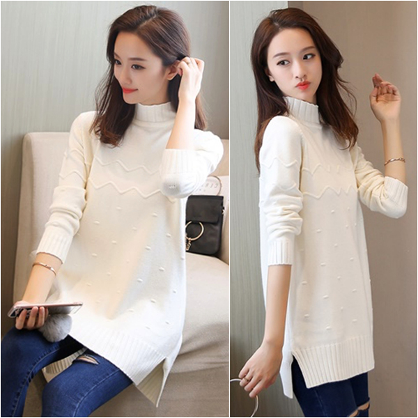 เสื้อสเวตเตอร์ไหมพรมคอเต่าตัวยาว ผ้าหนานุ่มถักลายนูน (12167B)