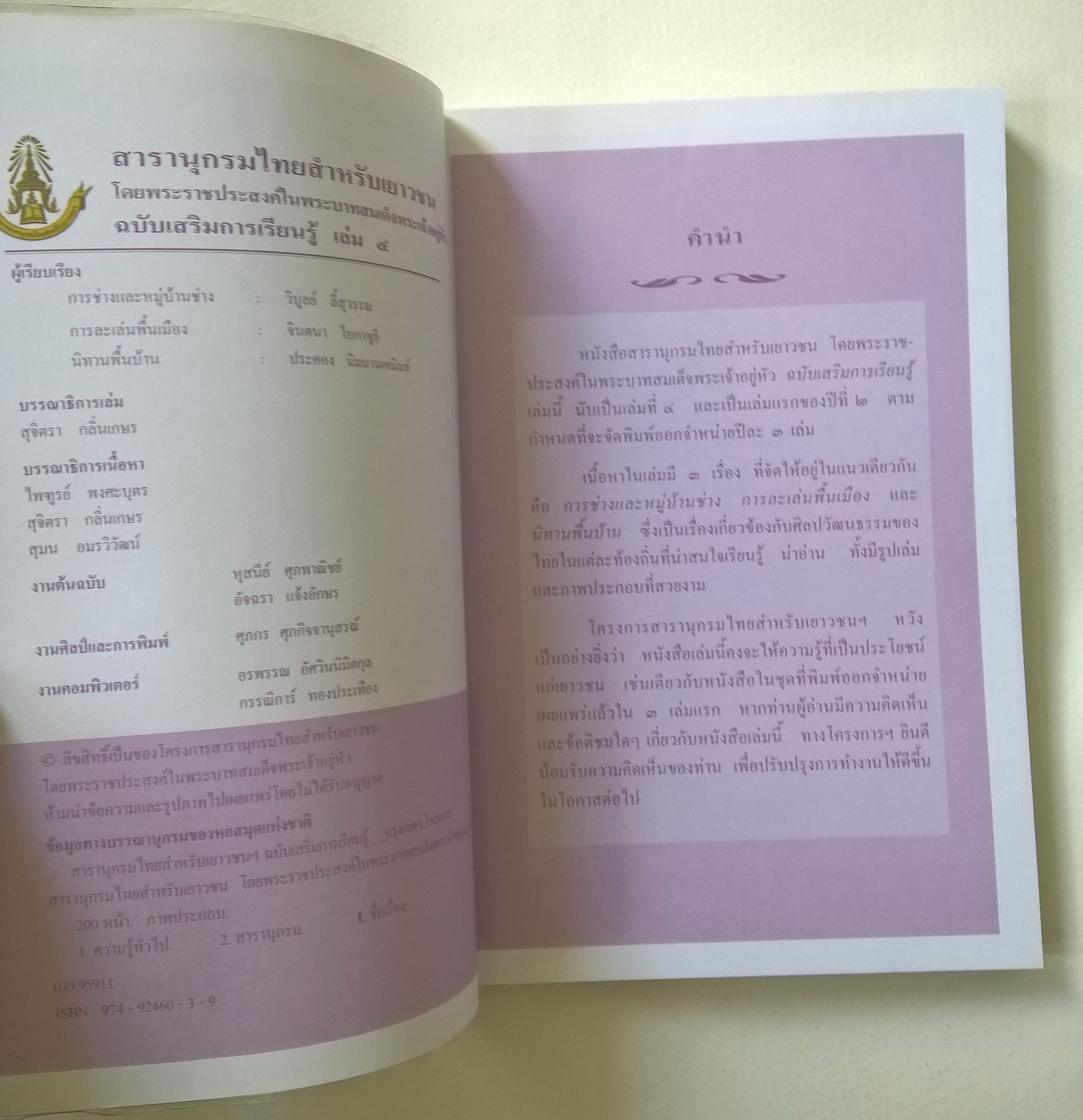 สารานุกรมไทยสำหรับเยาวชน โดยพระราชประสงค์ในพระบาทสมเด็จพระเจ้าอยู่หัว ฉบับส่งเสริมการเรียนรู้ เล่ม 4 ผู้เรียบเรียง: -การช่างและหมู่บ้านช่าง-วิบูลย์ ลี้สุวรรณ -การละเล่นพื้นเมือง - จินตนา ใบกาซูยี -นิทานพื้นบ้าน -ประคอง นิมมานเหมินทร์ **หนังสือห่อปกพลาสติก
