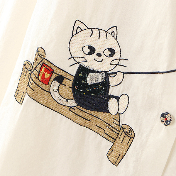 เดรสเชิ้ตแฟชั่นญี่ปุ่น แขนยาว ปักลายแมวตกปลา (12300LM)