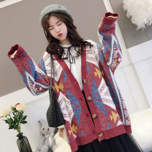 Premium Cardigan เสื้อคลุมไหมพรมขนนุ่ม คอวี ถักลายสไตล์วินเทจ (12273B)