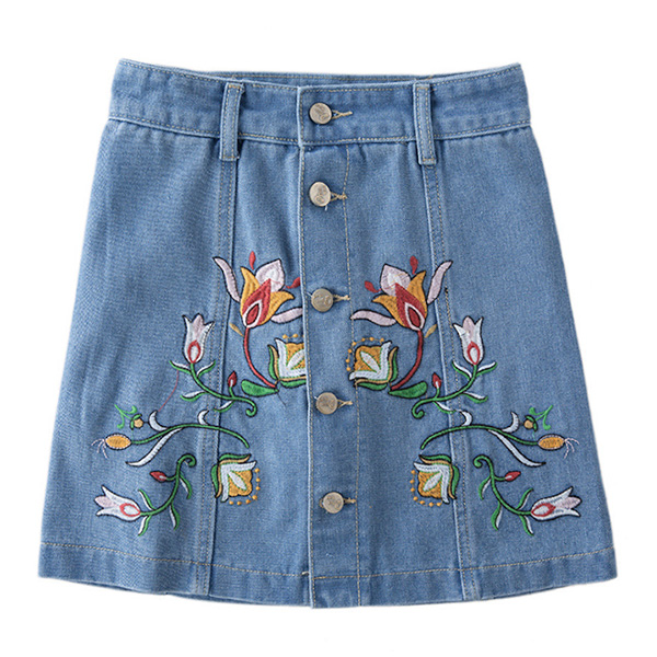 กระโปรงกางเกงยีนส์ฟอกนิ่ม แต่งปักลายดอกไม้วินเทจ (12181X)
