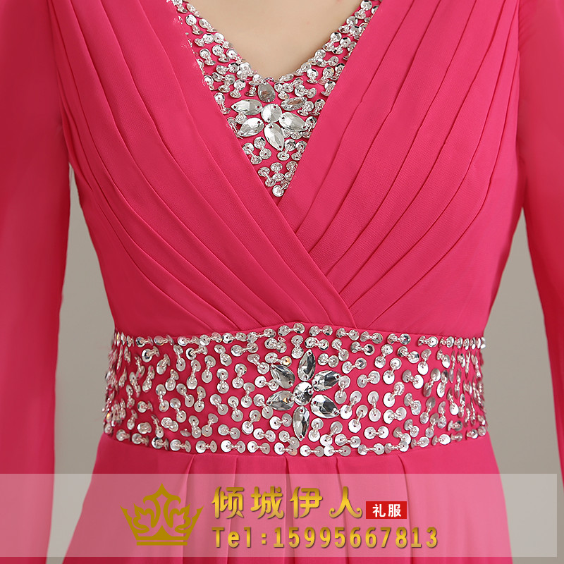 Pre-order ชุดราตรียาว แขนยาว ผ้าชีฟอง คอวี แต่งเลื่อม ซิปหลัง มีไซส์ใหญ่ S-5XL