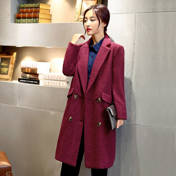เสื้อโค้ทกันหนาวตัวยาว ผ้าวูลขนแกะหนา แต่งกระเป๋าคู่ (12163X)