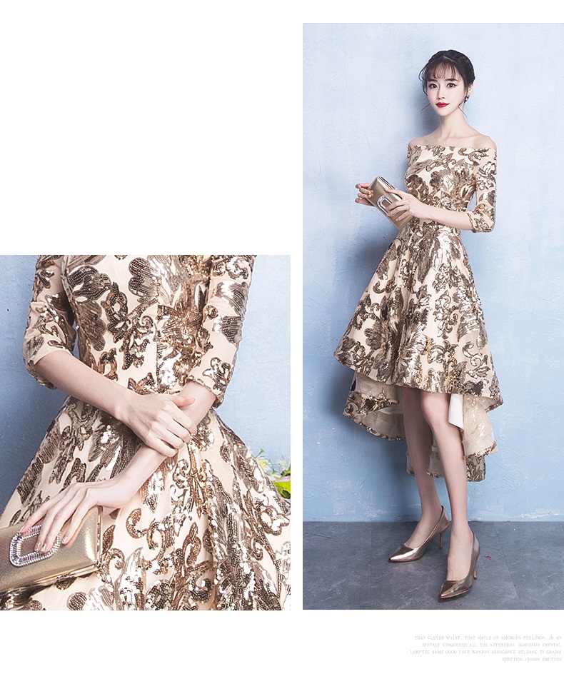 Pre-order ชุดราตรีหน้าสั้นหลังยาวสีทองปักเลื่อมลายดอกไม้ ไหล่ปาดแขนยาว เชือกผูกหลัง