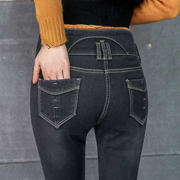 กางเกงยีนส์กันหนาว เอวสูง ทรงสลิม ซับกำมะหยี่ใส่ติดลบได้ (12339X)