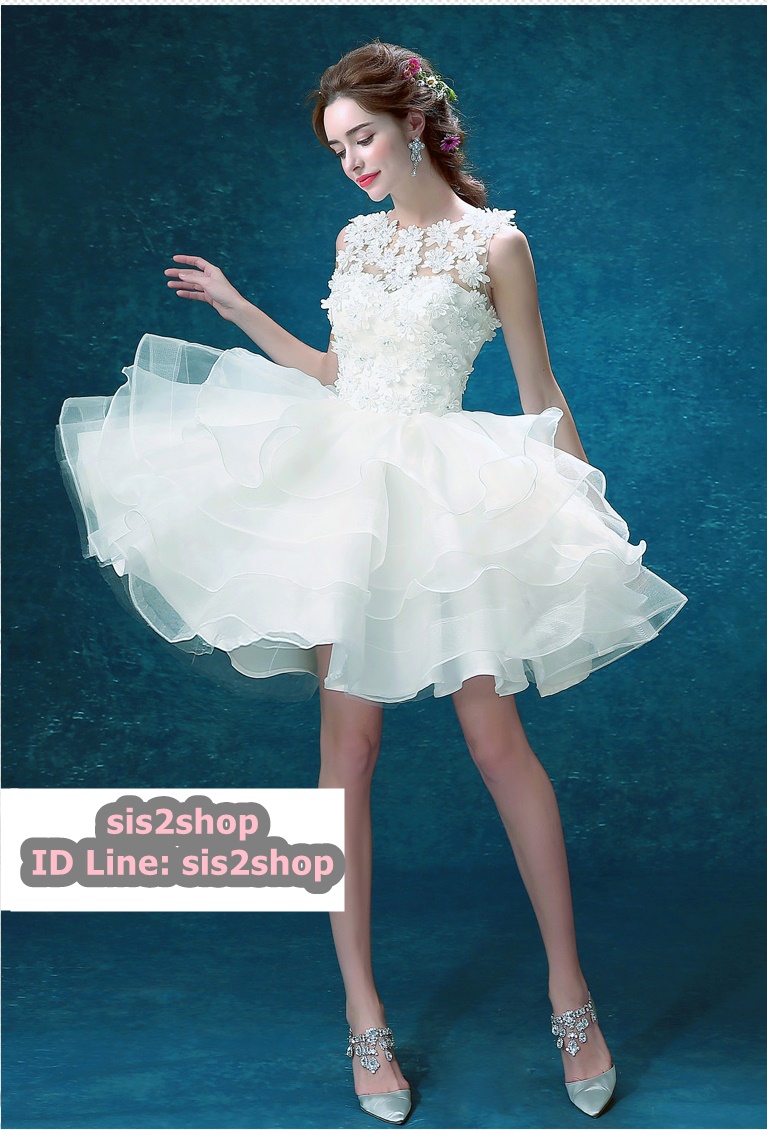 พร้อมเช่า ชุดแฟนซี ชุดเจ้าสาว ชุดราตรีสั้น แขนกุด สีขาว กระโปรงระบาย แต่งลูกไม้ปักเลื่อม น่ารักมาก (ซิปหลัง แต่งกระดุม)