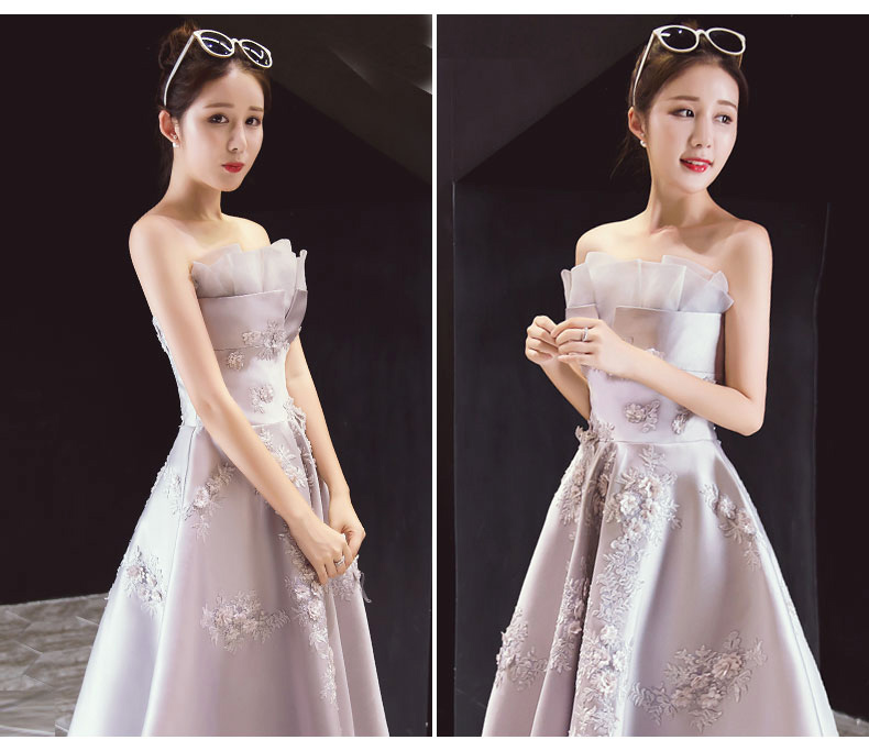 Pre-order ชุดราตรียาว เกาะอก ผ้าซาติน แต่งลูกไม้ แต่งตาข่ายที่อก จับจีบ เชือกผูกหลัง สีเทา