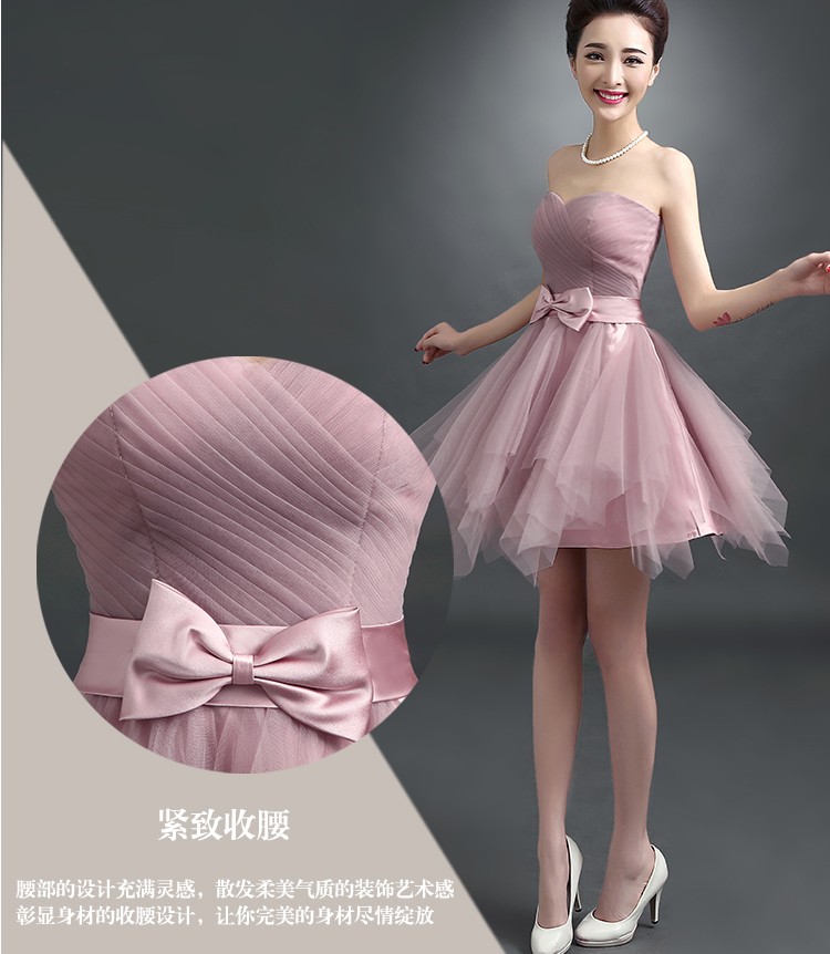 Pre-order ชุดราตรีสั้น ชุดเพื่อนเจ้าสาว เกาะอก คาดเอวด้วยโ่บว์ กระโปรงตาข่าย เชือกผูกหลัง