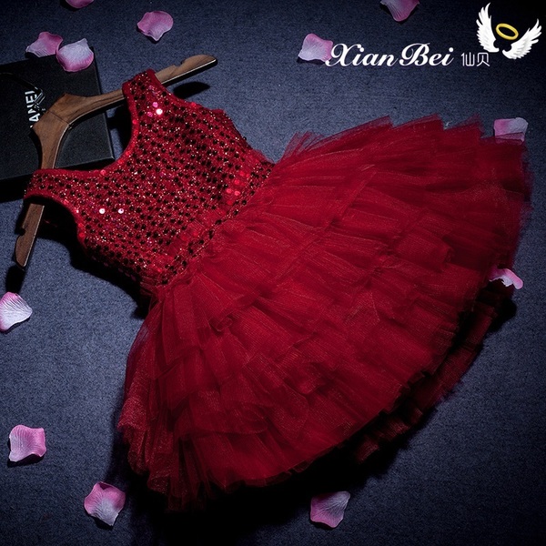 Pre-Order ชุดราตรีเด็ก สไตล์เจ้าหญิง แขนกุด สีแดง สีไวน์แดง เสื้อปักเลื่อม กระโปรงตาข่ายเป็นชั้น ๆ ซิปหลัง