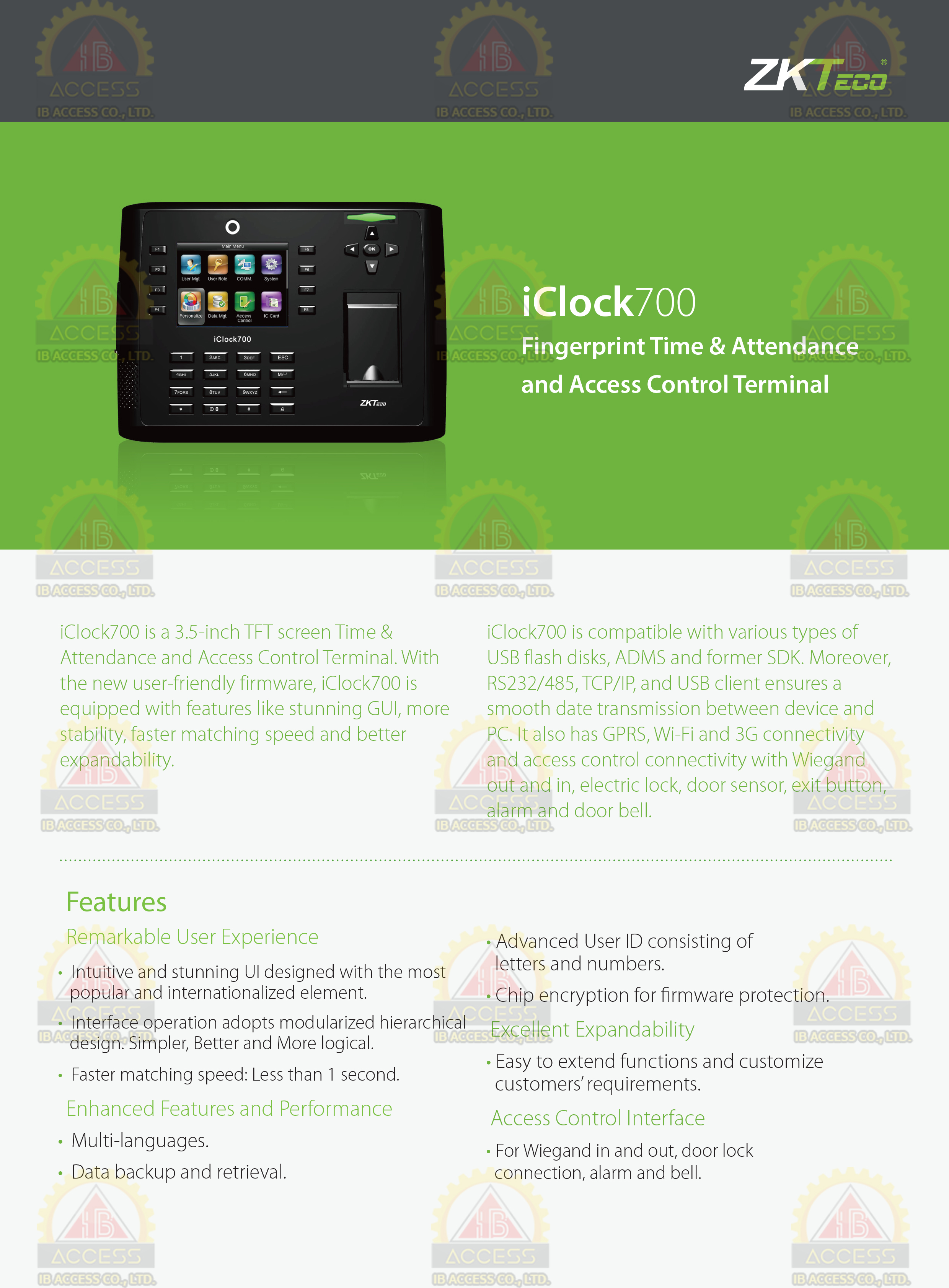 เครื่องสแกนลายนิ้วมือ ยี่ห้อ ZKTeco รุ่น lClock700 รองรับระบบ Access Control