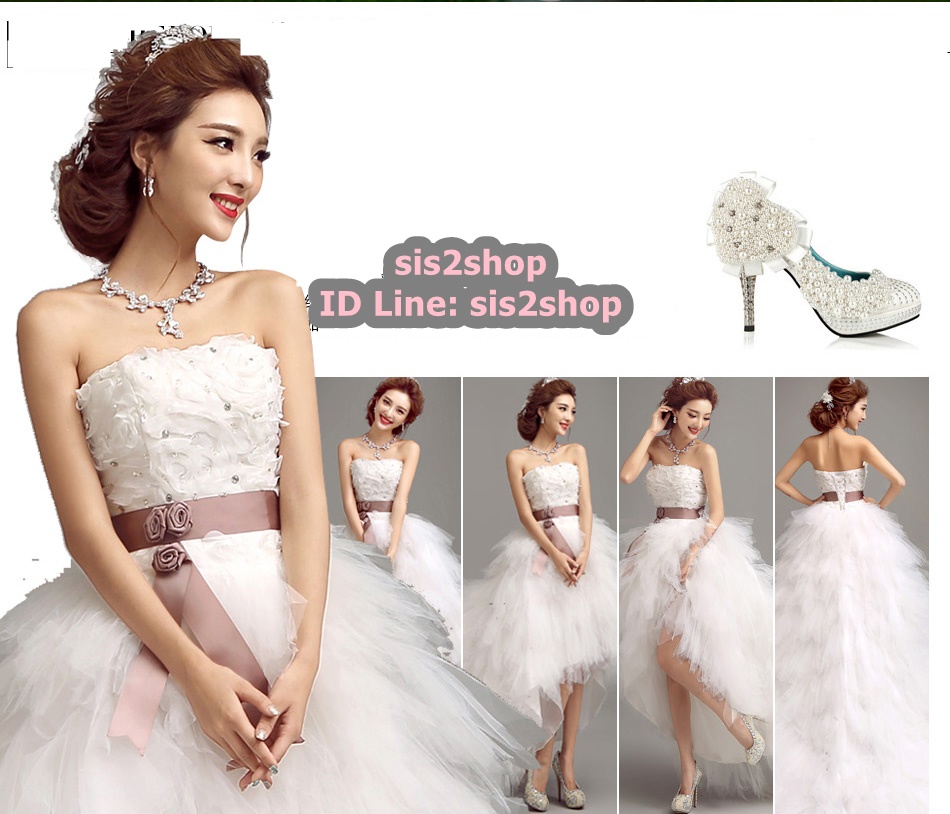 Pre-order ชุดแฟนซี ชุดเจ้าสาว ชุดราตรี สีขาว เกาะอก หน้าสั้นหลังยาว เชือกผูกหลัง