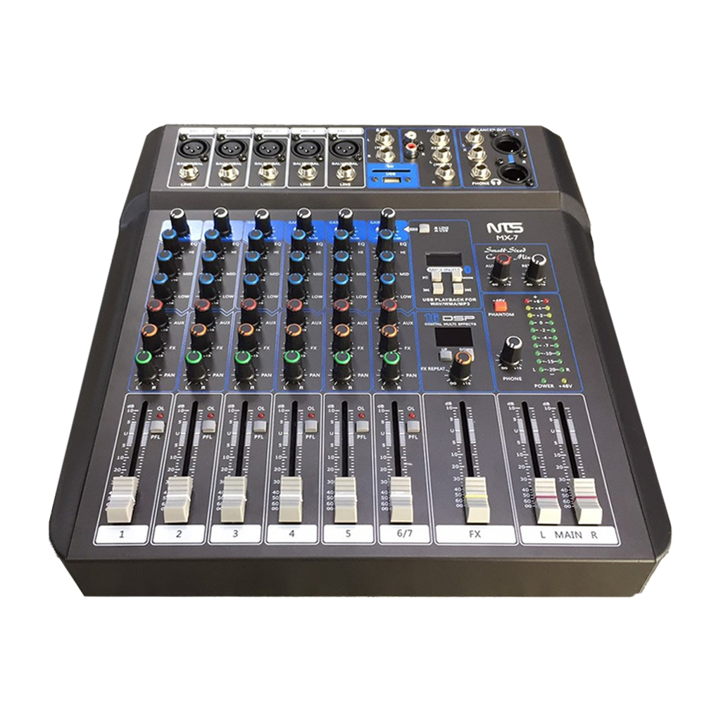 NTS MX-7 อนาล็อกมิกเซอร์ ช่องเสียบไมค์ 5 ช่อง มอนิเตอร์ 1 Aux