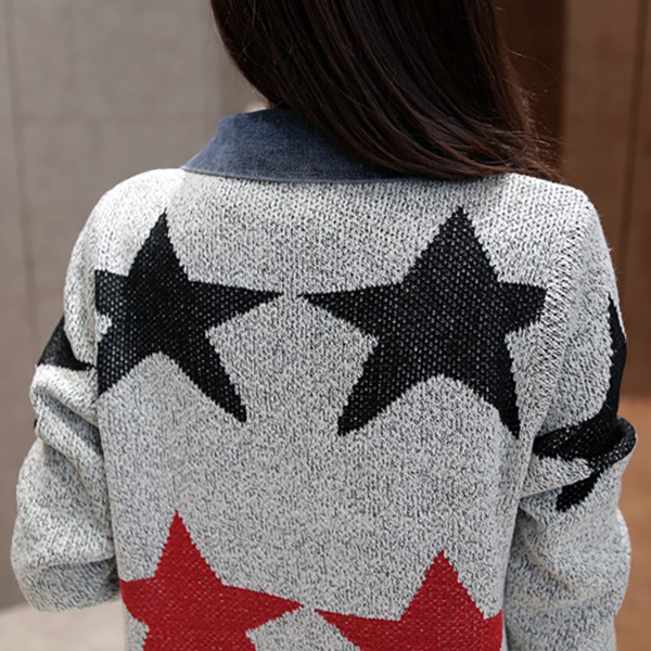 คาร์ดิแกนด์ไหมพรม คอปกยีนส์ แต่งถักลายดาว (12284JU)