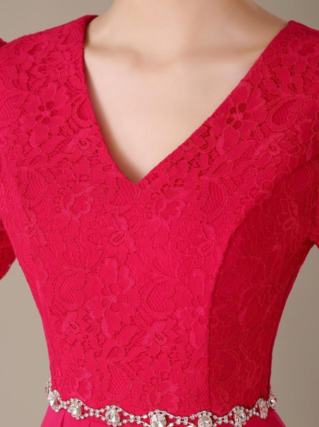 พร้อมส่ง ชุดราตรียาว แขนสามส่วน สีชมพู Hot Pink แต่งลูกไม้ช่วงบน (ลูกไม้เนื้อนิ่ม) ตัวกระโปรงเป็นผ้าชีฟอง ช่วงเอวแต่งเพชร สวยหรู (L - 3XL)