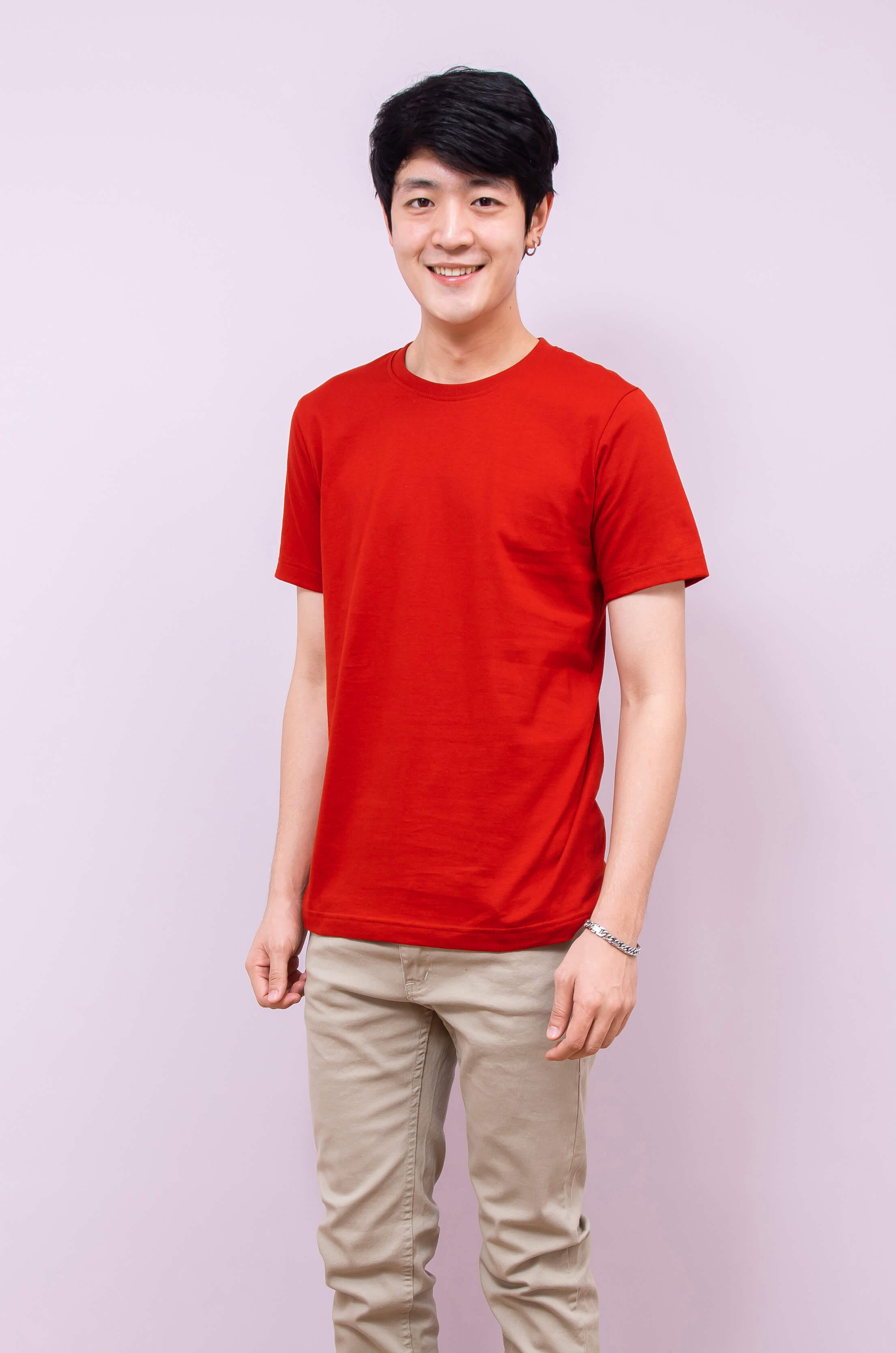 เสื้อยืด OV101 คอกลม ผ้าCotton100% 32 เนื้อนุ่ม ใส่สบาย สีแดงอมส้ม