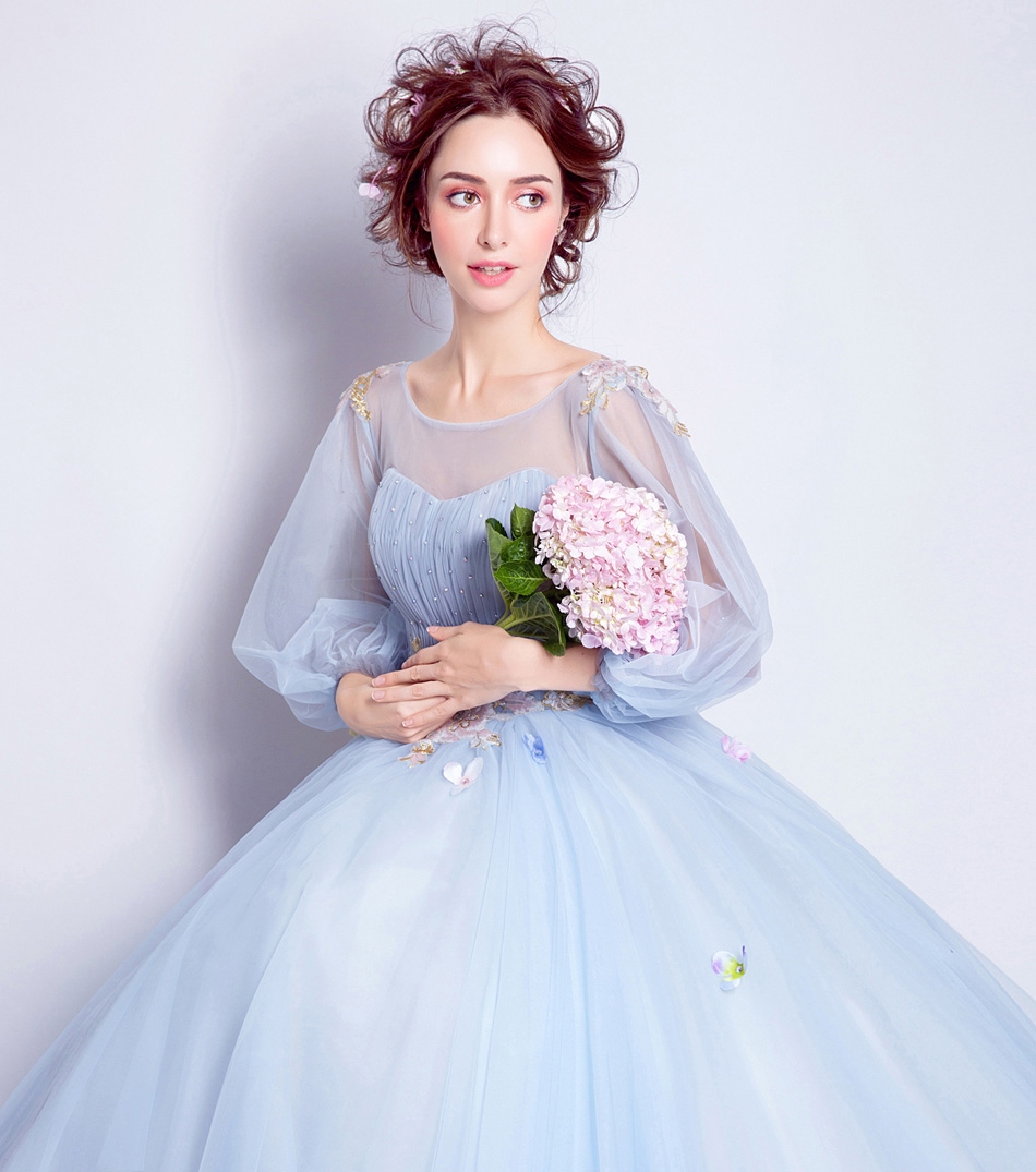 Pre-order ชุดแฟนซี ชุดเจ้าสาว ชุดราตรียาว สีฟ้า แขนโคมไฟ กระโปรงพองสวย เชือกผูกหลัง