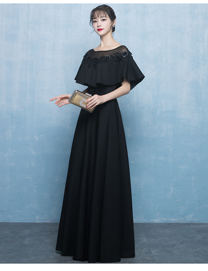 ชุดราตรียาวแขนยาวสีดำแต่งดอกไม้ผ้าชีฟอง (ซิปหลัง)