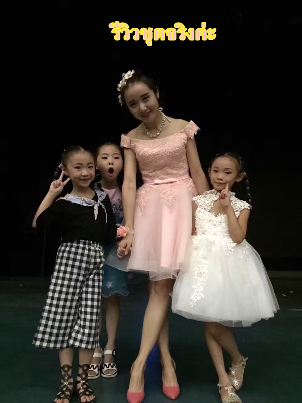 Pre-order ชุดราตรีเด็ก ชุดออกงาน ชุดกระโปรง สไตล์เจ้าหญิง แขนสั้น คอจีน เว้าตรงอก แต่งผ้าลูกไม้ กระโปรงตาข่าย มีซิปหลัง