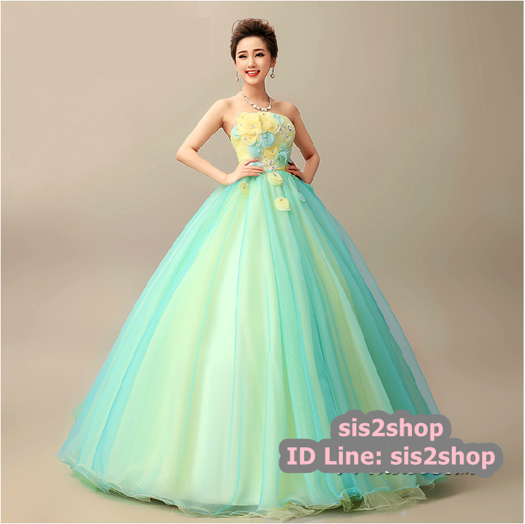 พร้อมเช่า ชุดแฟนซี ชุดราตรียาว เกาะอก แต่งดอกช่วงบน สีฟ้าเหลือง กระโปรงพองสวย สไตล์เจ้าหญิง