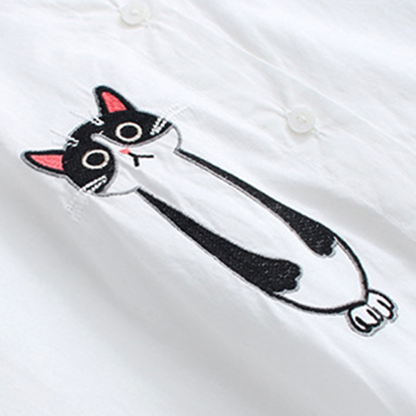 เสื้อเชิ้ตคอจีน แขนยาว แต่งปักลายแมว (12186LM)