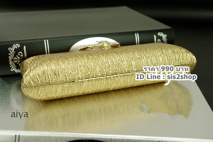พร้อมส่ง Evening Clutch กระเป๋าออกงาน สี น้ำตาลทอง แบบเรียบหรู คาดคริสตัลฝาปิด