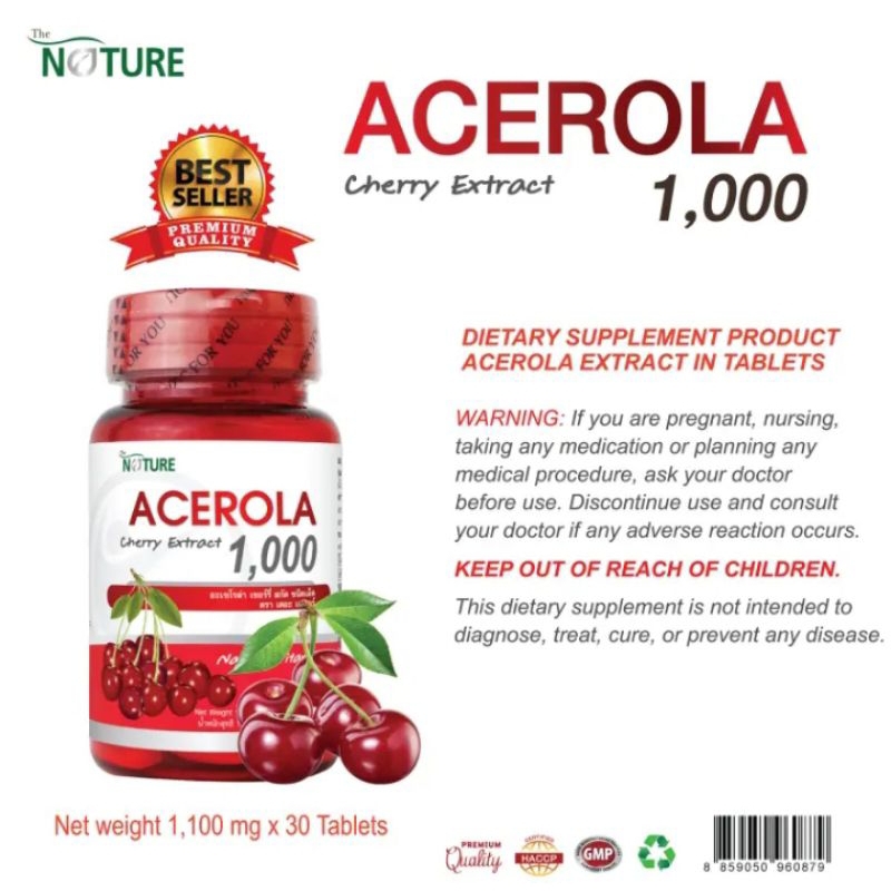 5 PV. วิตามินซี อะเซโรล่า เชอร์รี่ สกัด 1000 มก. วิตามินซีธรรมชาติ เดอะเนเจอร์ Acerola Cherry Extract 1000 mg. 30 TABLETS