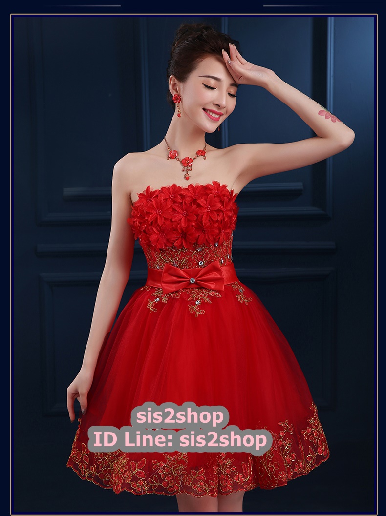 พร้อมส่ง ชุดราตรีสั้น เกาะอก แต่งดอกช่วงอก ผ้าตาข่ายปักเลื่อม แต่งโบว์คริสตัลช่วงเอว สีแดง