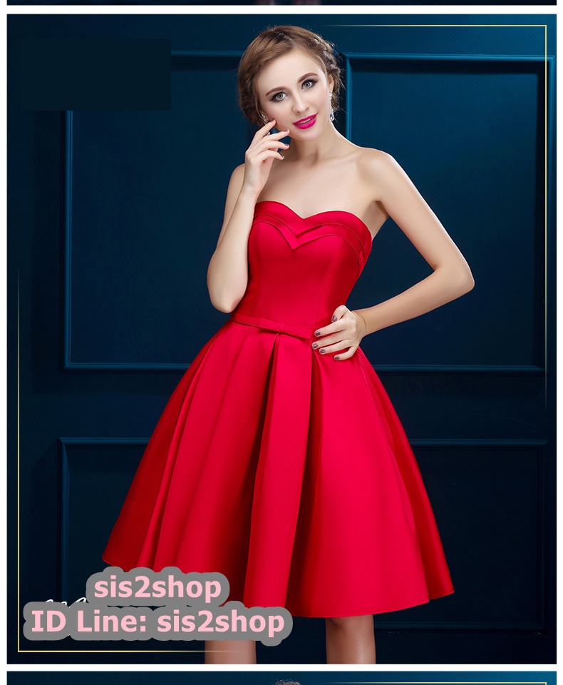 พร้อมส่ง ชุดราตรีสั้น เกาะอกแบบ Sweet Heart สไตล์วินเทจผ้าไหมดัชเชส กระโปรงทรงA แต่งโบว์ช่วงเอว สีแดง (เชือกผูกหลัง)