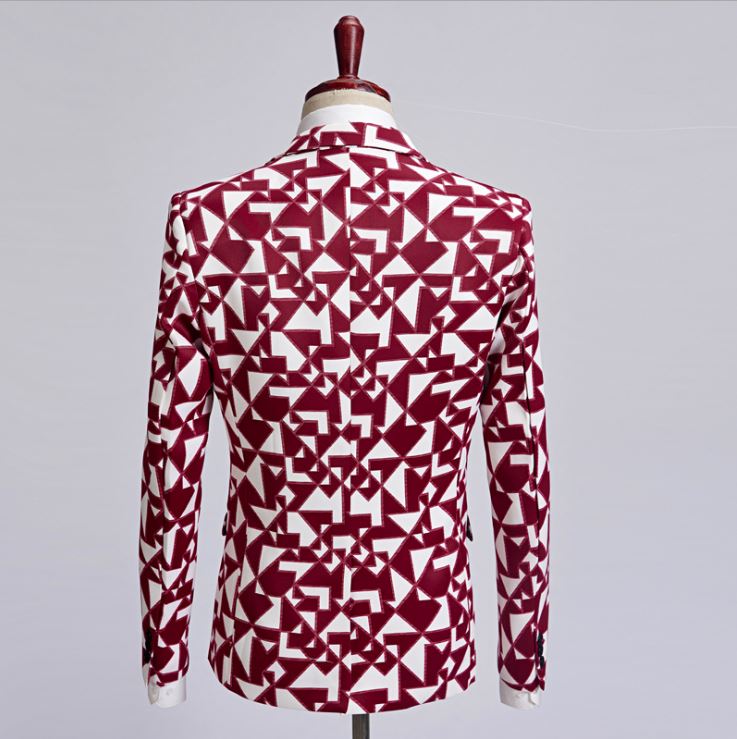 เช่า เสื้อสูท สูทแฟนซี สีแดงขาว แต่งปกคอดำ พิมพ์ลายกราฟฟิก