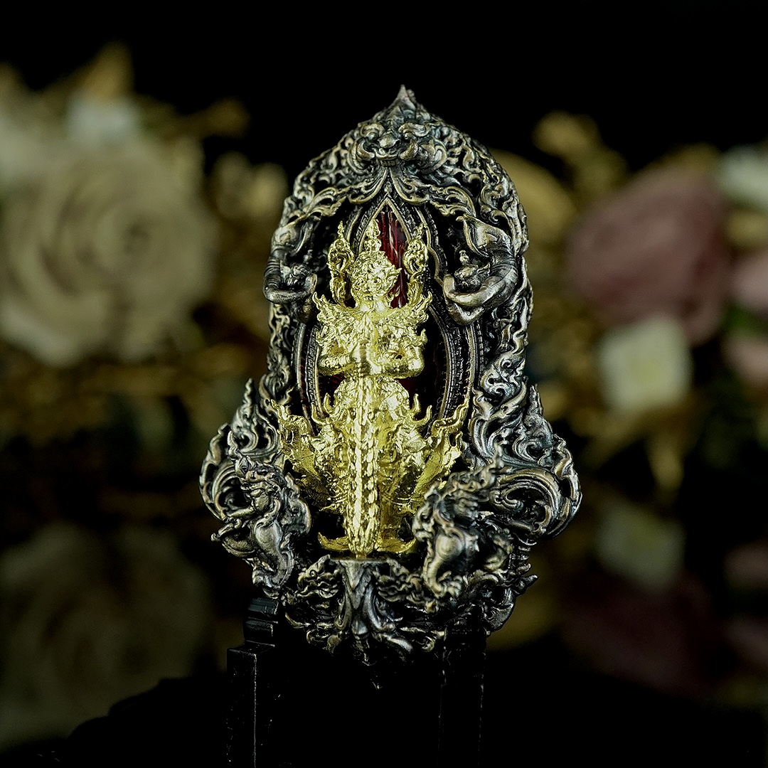 เหรียญท้าวเวสสุวรรณทรงดอกจำปี เวสสุวรรณอุรังคพิทักษ์ รายการศูนย์จอง เนื้อบรอนซ์เงินซาตินลงยา องค์พระชุบทอง