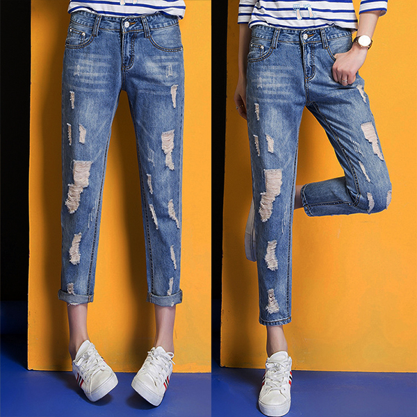 กางเกงยีนส์ขายาวแปดส่วน แต่งขาแนวเซอร์ (11789X)